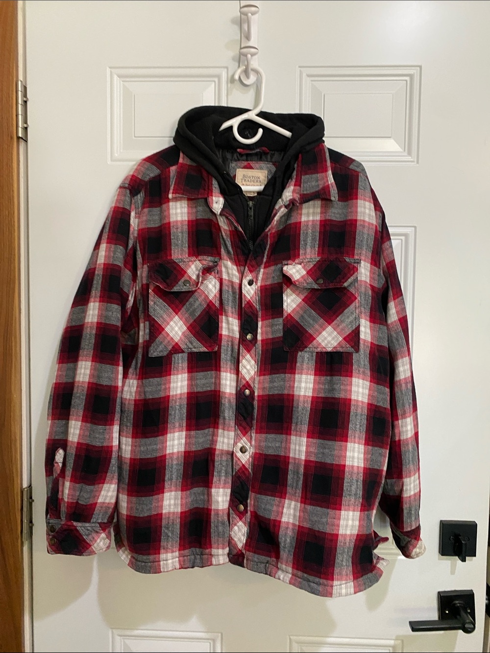Boston Traders Red Black White Plaid Hooded Shirt Jacket
